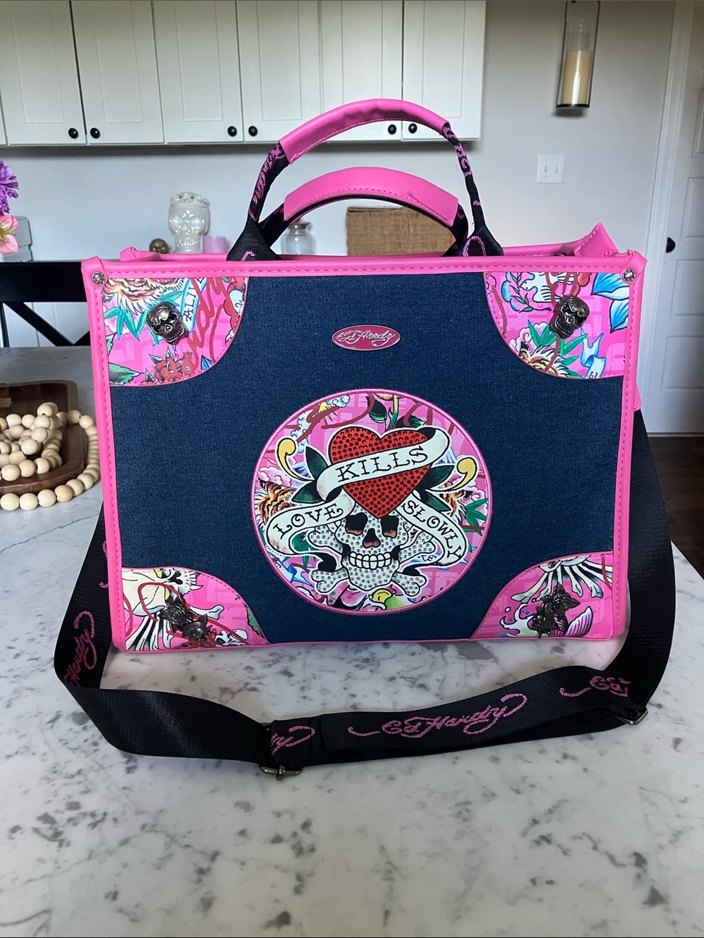 Ed Hardy Pink and Denim Tattoo Skull Satchel